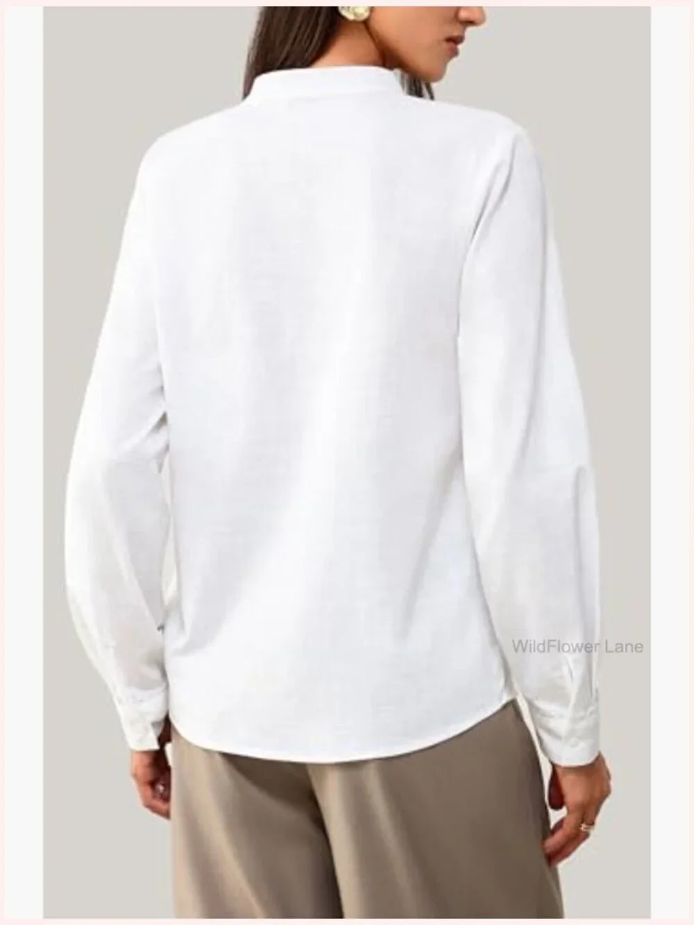 Long Sleeve Button Down Blouse with Lace Trim 100% Cotton Top